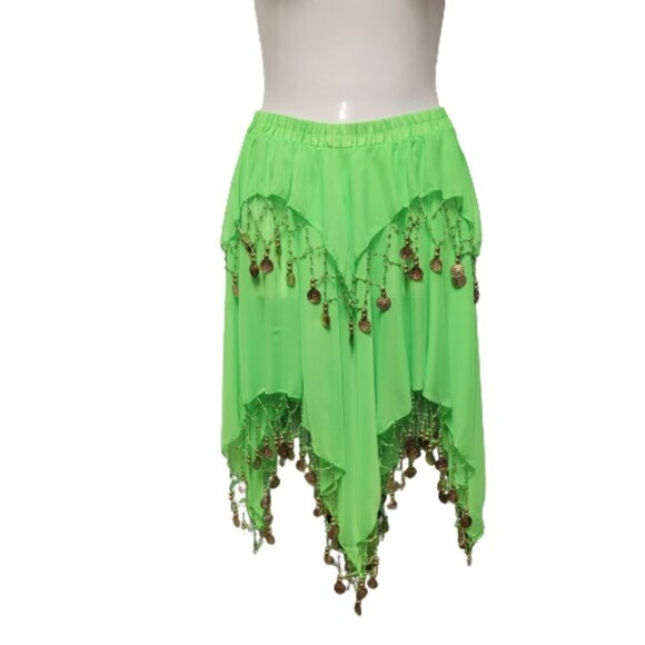 Green Short Skirt Belly Dancing Skirt Crocheted with Gold Beads and Coins  NEW - Picture 1 of 5